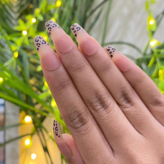 Image of Nude Leopard French Tip Press On Nails | Animal Print Almond Fake Nails | Natural Base with Leopard Tips | Reusable Stick On Nails Kit for Women