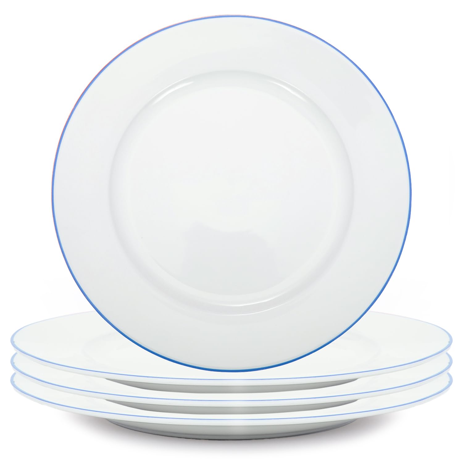 Happy Homewares Premium Set of 4 White Ceramic Dinner Plates with Elegant Thin Blue Rim - Durable, Stylish Dinnerware for Modern Table Settings