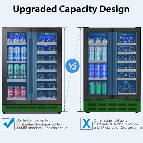 Image of 24 inch Dual Zone Wine & Beverage Refrigerator - Under Counter Cooler with Upgraded Cooling & Blue LED Light, Hold 20 Bottles and 88 Cans Large Capacity Wine Fridge, Built-In or Freestanding - Black