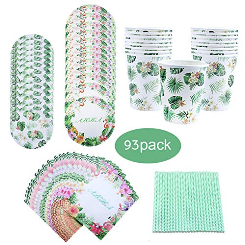 Amycute 93 Piezas 16 Invitados Vajilla de Hawaianos Cumpleaños Adultos, Vajilla Diseño Flamenco Verde Desechable Vasos, Platos, Servilletas, Pajas, para Fiesta de Tropical Piscina de Verano