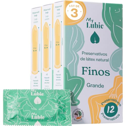 MY LUBIE - Pack de 3 x 12 Preservativos Grandes Ultra Finos - Lubricados, Veganos, Comercio Justo y Saludables - Preservativos XL 57mm - Sensación Naturales y Resistencia