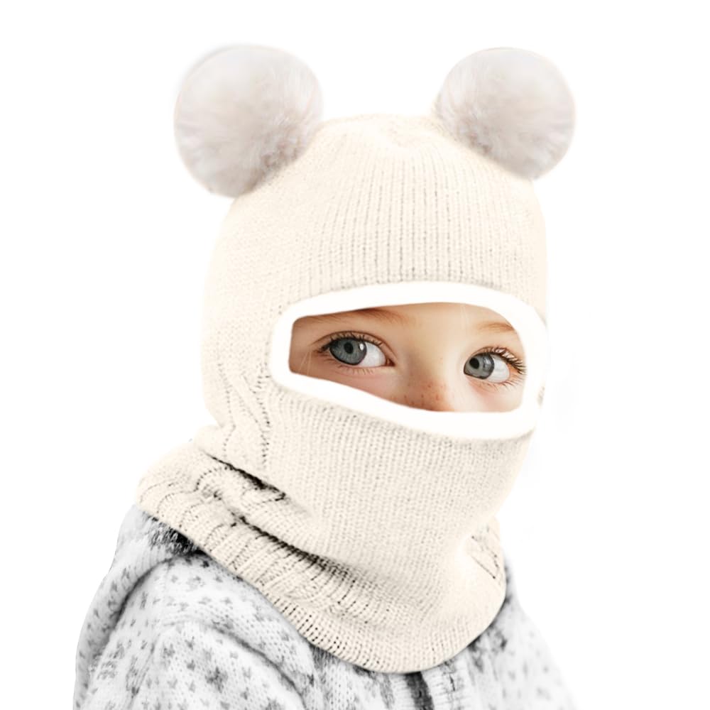 Mizikuu Grey Baby Winter Warm Hats, Toddler Earflap Beanies Knitted Hooded Scarf For Babies Windproof White Balaclava With Double Pompom White