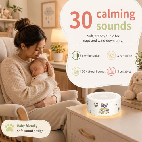Image of Kipcush White Noise Machine for Baby & Adults, Sleep Sound Machine with 30 Soothing Sounds, 8-Color Night Light, Memory Function, White Noise for Sleeping, Nursery, Office, Travel, Relaxation