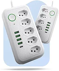 Extensão Tomada Suporte a Tensão de 110-220V Filtro de Linha, Régua de Energia 5 Tomadas 4 Interfaces USB 1 Porta USB Tipo-C Cabo de Alimentação de 2 M Potência 2500W Premium (Branco)