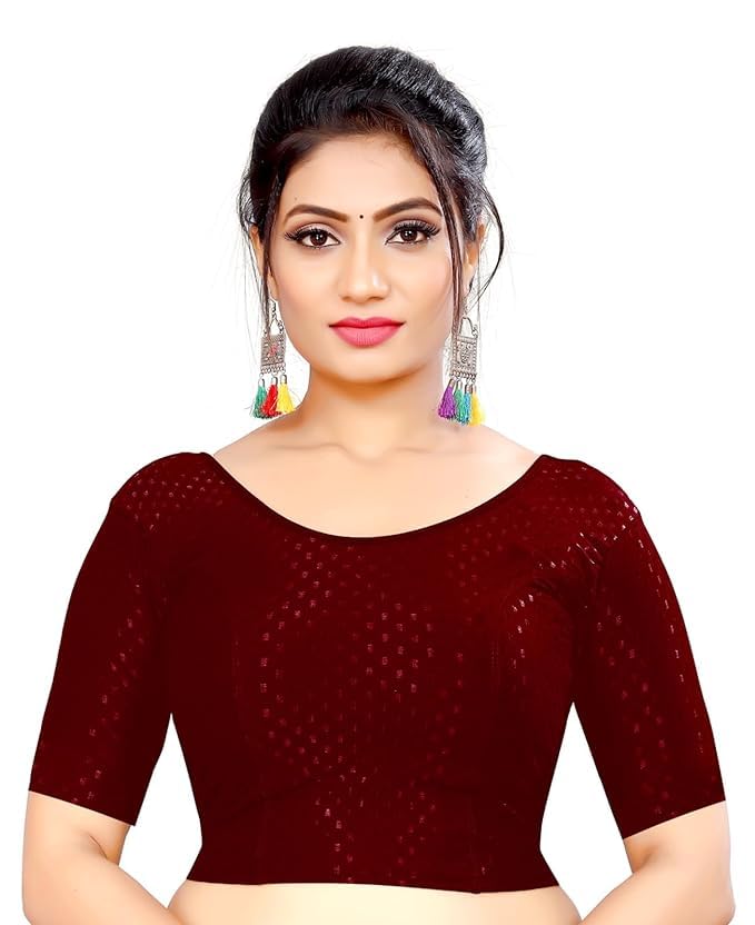 ss sanket synthetics Women's Beautiful & Stylish Half Blouse Collared Neck Half Length Sleeve Stretchable Cotton Blend Readymade Casual Saree Blouse-picture-46