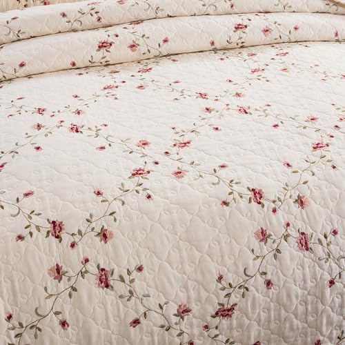 Quilt Set Floral Leaves 3D Embroidery Pattern 3 PCS Cotton Reversible Quilted Embroidered Decorative Bedspreads Coverlet Set, Lightweight &Soft Full Size Beige Bedding Coverlet for All Season - Image 7