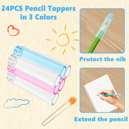 Image of 24 Pcs Plastic Pencil Cap, Clear Pencil Tip Protector Cover Colorful Portable Pencils Toppers for Wooden Pencils Classroom Student School Office Supplies