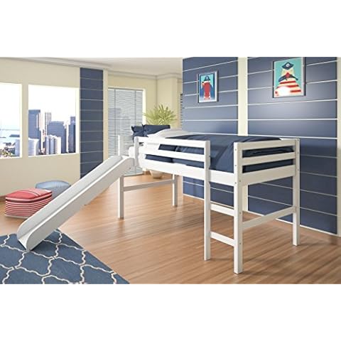 Donco Kids Twin Low Loft Bed with Slide and Ladder, White Finish Cover