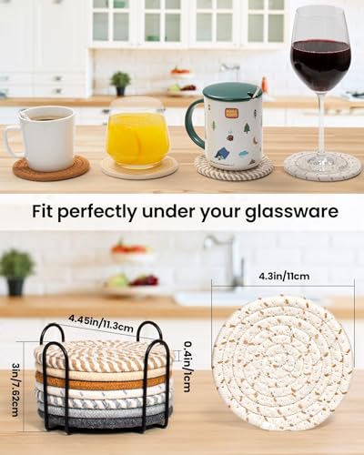 قواعد أكواب مشروبات مع حامل، قواعد أكواب ماصة للمشروبات، مجموعة قواعد أكواب قطن منسوجة لطاولة القهوة وديكور المنزل والبار، 8 قطع، 8 ألوان، 11 سم