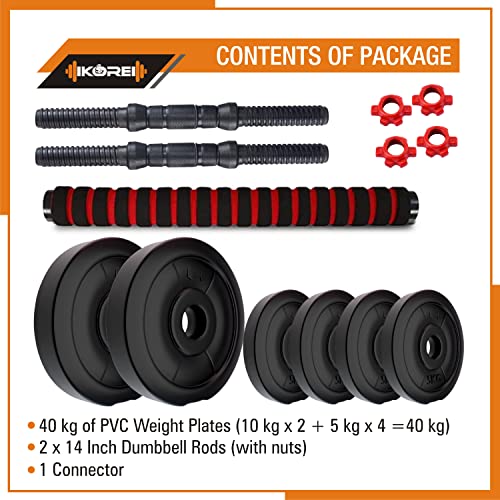 Image of Kore 3 in 1 Convertible 40 Kg PVC Adjustable Dumbbells Set - Black & Kore 20 KG PVC-DM COMBO16 (3Kg X 4 Plates + 2Kg X 4 Plates) Home Gym Dumbbells Kit
