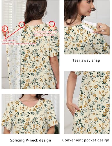 Image of Hospital Gowns for Women Open Back Tear Away Snap Post shoulder Dress Short Sleeve Soft Adaptive Clothing with Pockets