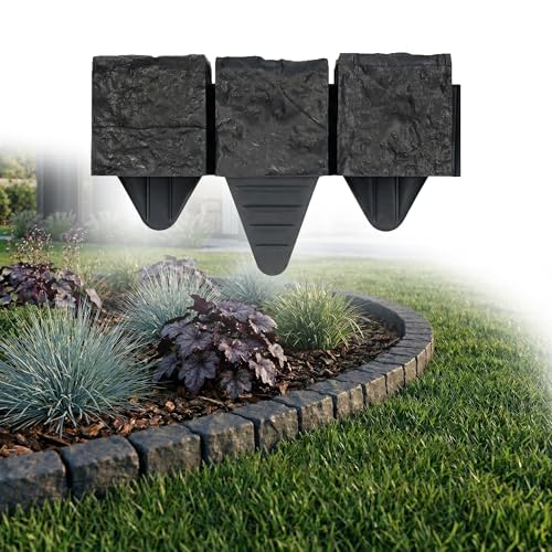 GARDENIX Rasenkante 2.4 m Granit Pflastersteine Optik Anthrazit 10x10x10cm – Beeteinfassung Beetumrandung Beetbegrenzung aus Kunststoff, Gartenzaun Beetzaun Blumenbeet Umrandung