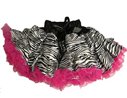 A Zebra Print Fabric Tutu with a hot Pink Tulle Edge and a Black Ribbon Bow.