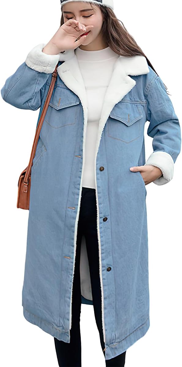 ebossy Women's Sherpa Lined Long Denim Jacket with Removable Faux Fur Collar