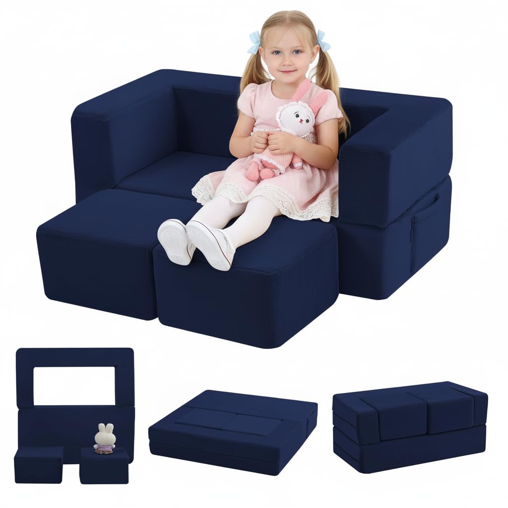 MeMoreCool Convertible Modular Kids Couch, Foam Toddler Sofa, Soft Plush Fold-Out Floor Couch for Bedroom, Kids Furniture with Washable Removable Cover, Navy