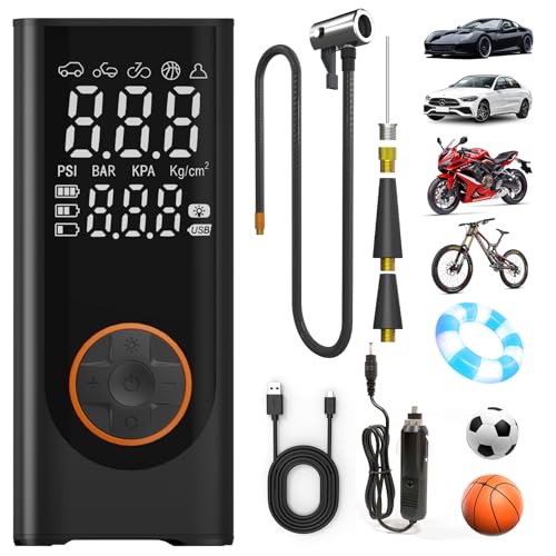Piwaal Portable Air Compressor for Car Tires, Cordless Tire Inflator Pump 150PSI with Digital Pressure Gauge, for Car, Motorcycle, Bike, Balls & Sports Equipment - Black and Orange