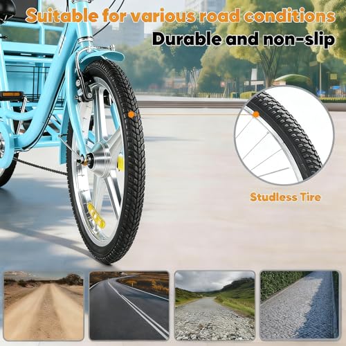 Triciclo para adultos de 24 pulgadas y 7 velocidades para personas mayores y mujeres, bicicleta de tres ruedas con batalla extendida, asiento trasero y canasto de gran capacidad, carga máxima 550 libras miniatura 5
