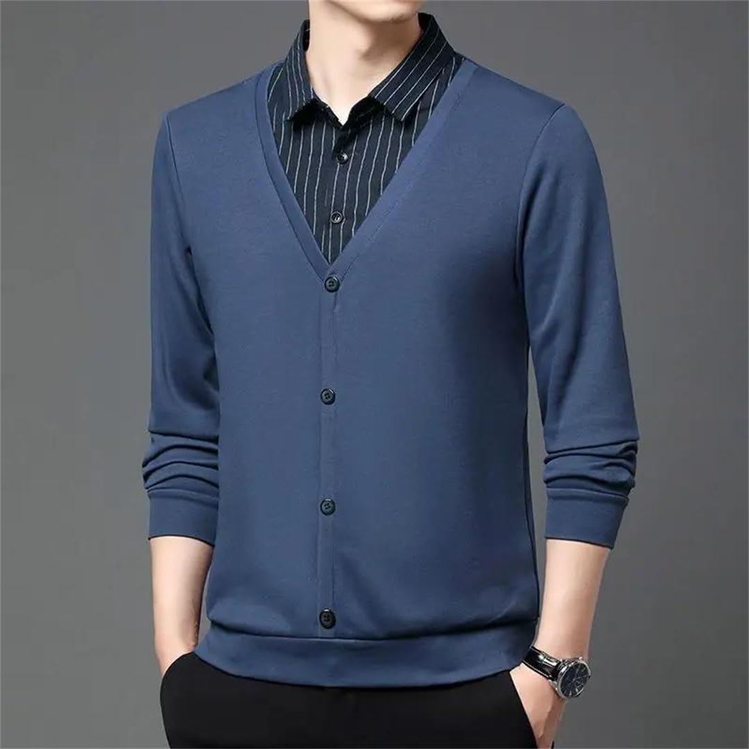 Camiseta formal de manga larga con botones y cuello vuelto para hombre, diseño de retazos a rayas, color contrastante, para negocios
