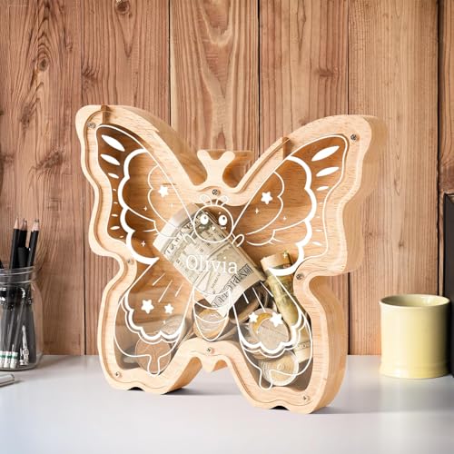 Image of Wooden Butterfly Piggy Banks Coin Bank for Kids | Custom Gifts for Kids Easter Birthday Decor, Wooden Cashbox Money Jar Educational Toy for Boys Girls