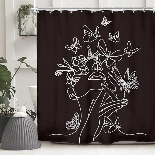 Black Abstract Women Butterfly Minimalist Line Bathroom Shower Curtain Set