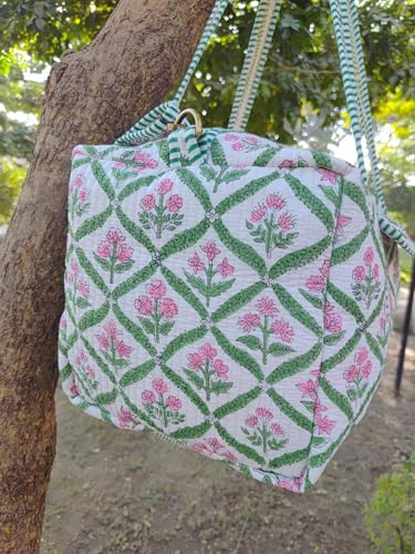 Beautiful Block Printed Cotton Duffle Bag Floral Print Quilted Duffle Bags Large Size Weekender Bag Handmade Shoulder Travel Overnight Bags4