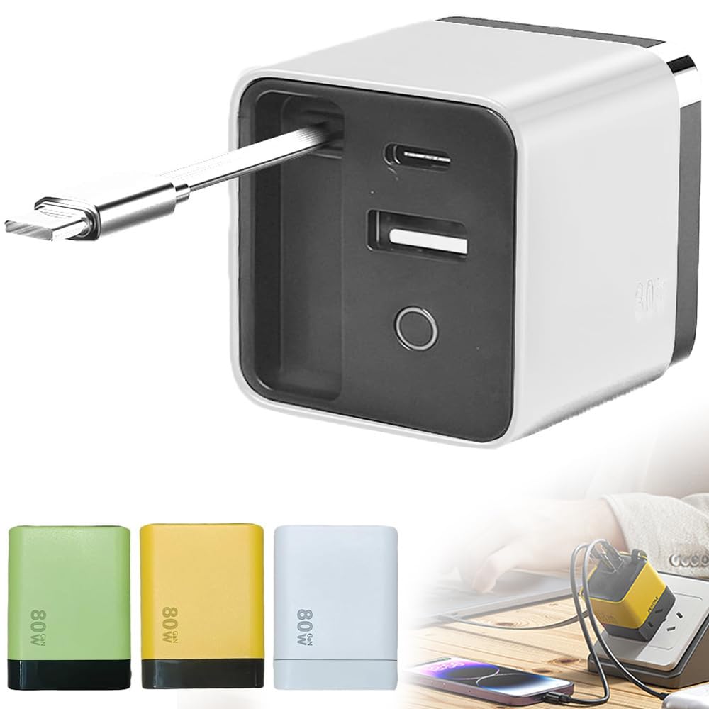 3 in 1 Fast Charger, 80 Watt Retractable Charger, Scalable Fast Charger Module with Type C Cable and 2 USB Ports Portable Fast Charging Wall Plug for