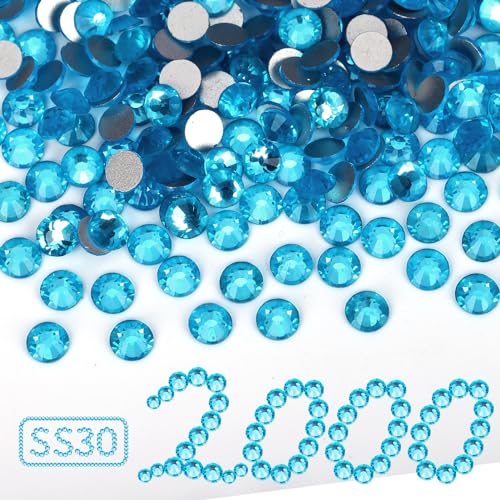 Image of 2000PCS Aquamarine Rhinestones Bulk, Flat Back Crystal Glass Stone Round Gems,SS30, 6.4-6.6mm