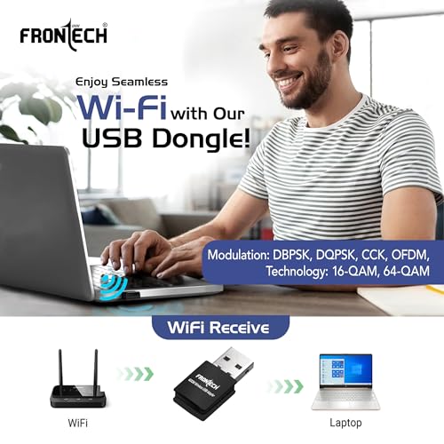 Image of FRONTECH 600 Mbps USB Wi-Fi + Bluetooth Adapter | PC, Laptop | Dual Band (2.4GHz) | BT 4.2 /2.1 | USB 2.0 | Compatible with Windows 7 /8 /10 /11 /XP | WEP,WPA-PSK,WPA2-PSK Security | 10-20M Range (FT-0844)
