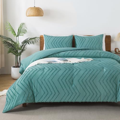 Image of Andency Grayish Teal Comforter Set Full Size, Boho Soft Warm Bedding Comforter Sets for Full Bed, 3 Pieces Vintage Chevron Tufted Aesthetic Comforter Set