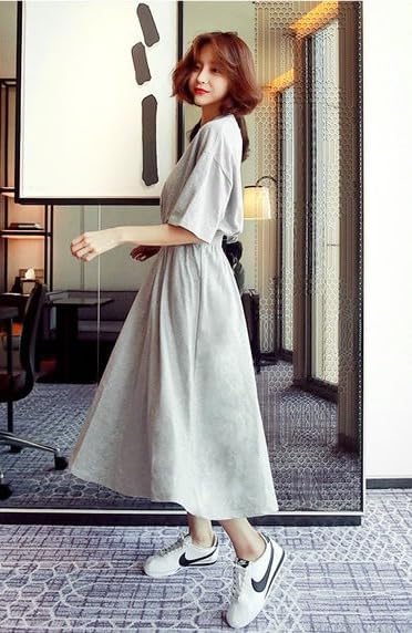 [アンリ] スポーティワンピース 半袖 ミモレ丈 ギャザーウエスト 速乾 シワになりにくい 着痩せ 夏物 レディース