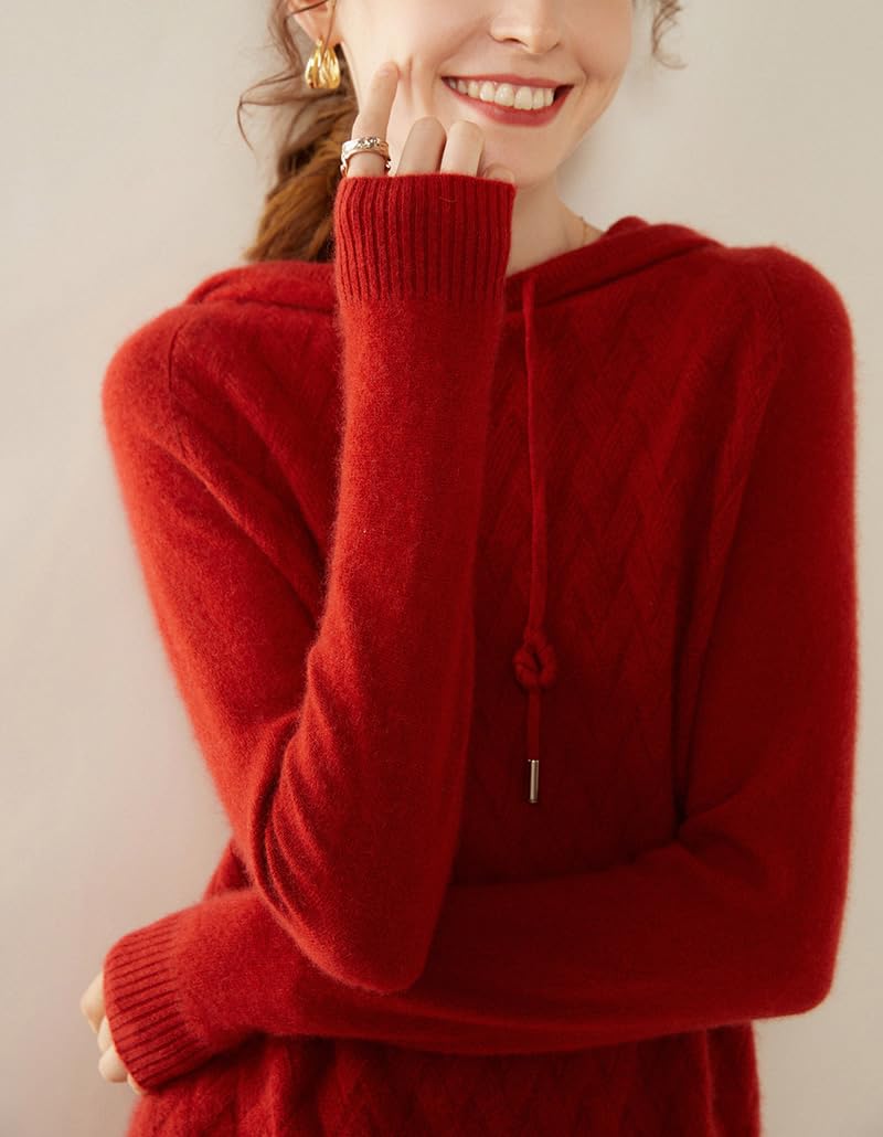 DISSA Damen Langarm Kaschmir Pullover mit Kapuze,EU 34-42