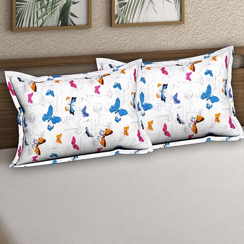 Image of Wakewell Pillow Cover Set of 2 | Standard Size | Soft & Breathable | Machine Washable | Bedroom & Living Room (White Printed Butterfly)