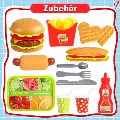 VEYLIN Kinderküche Zubehör Lebensmittel Spielzeug, Kinder Hamburger Küchenspielzeug Rollenspiele, Pädagogisches Lernspielzeug Geschenk für Mädchen Jungen