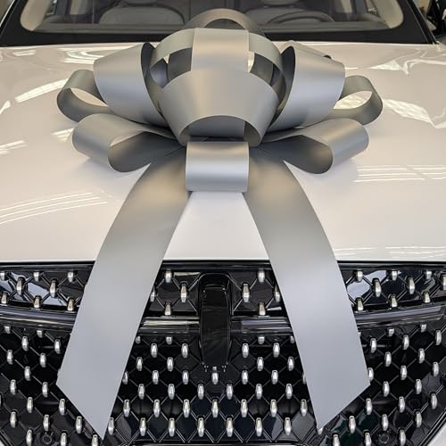 Image of CarBowz Big Car Bow for Decorations and Birthday Gifts, Large Ribbon, Magnet, Sticker Included, Fully Assembled 30 inch Wide Huge Bow, No Suction Cup Needed (Silver)