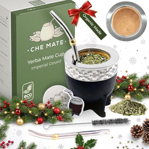 Premium Argentina-Uruguay Yerba Mate Cup and Bombilla Set, Organic Gourd Tea Mug with Steel Straw