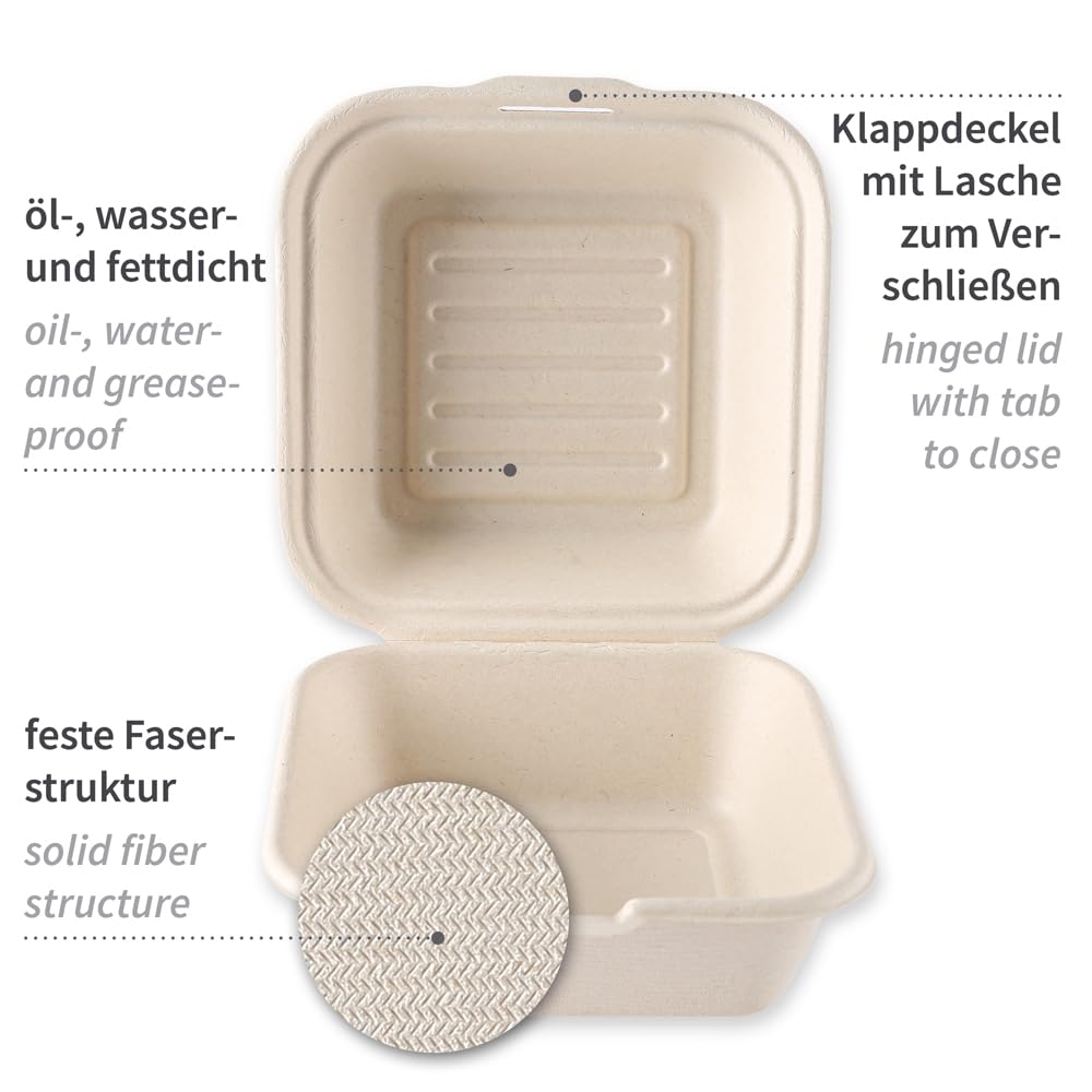FRANZ MENSCH NATUREStar Bio Hamburgerboxen mit Klappdeckel, 150 x 150 x 85 mm | aus Zuckerrohr, 500 Stück, Einweggeschirr, Menübox Take Away, Klappboxen