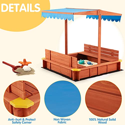 Ectouge Kids Sandbox With Canopy(47.2” X 47.2” X 47.2”), Wooden Sandbox Toys For Toddlers Age 2-4, Two Beach Seats, Uv-Resistant & Adjustable Height Roof Sand Protection For Outdoor, Blue & Red #TOP3