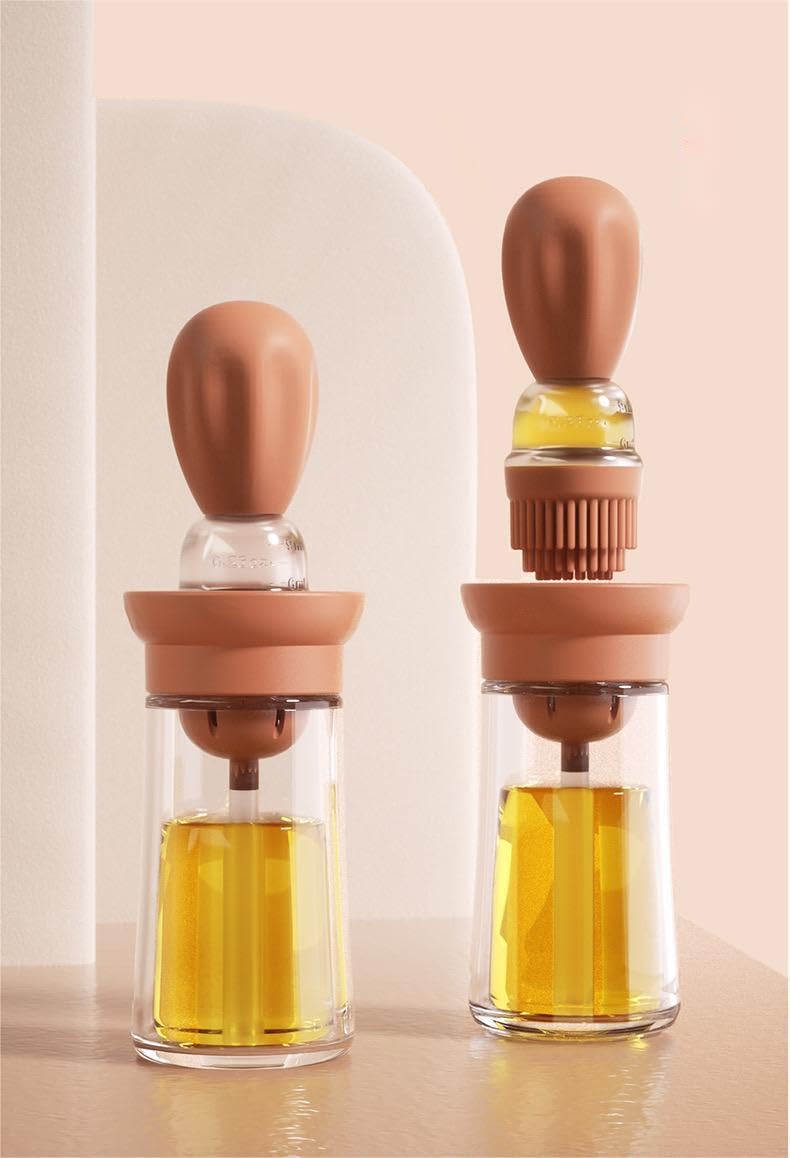 MYBO TV - Pędzelek do oleju Oil Touch - Dozownik oleju z silikonową szczotką 2 w 1-150 ml - Do wszystkich olejów: oliwa z oliwek, olej tunnezolowy - losowy kolor niebieski lub łosoś