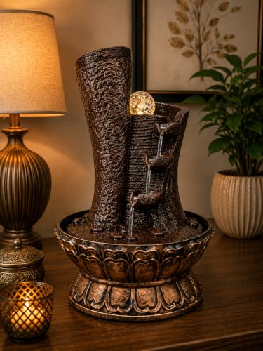 Image of Indoor Water Fountain for Home Decor with Crystal Ball & Yellow LED Light | Cascading Tabletop Waterfall Fountain with Water Controller Pump | Brown & Copper Polyresin Decorative Fountain 16.5 x 10 In