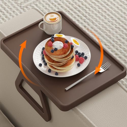 Lifewit Plastic Rotating Couch Armrest Table Adjustable Sofa Arm Clip Holder Tray for Snack/Fast Food/Fruit/Drink Large Foldable Stable Sofa Table with Reinforced Clamp Brown