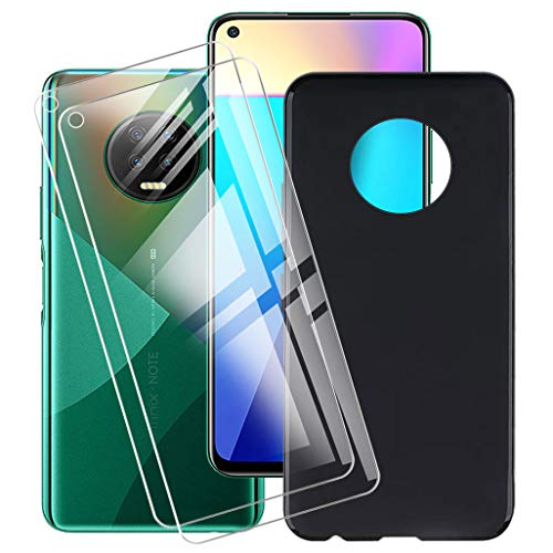 HHUAN Case Black + 2 Pack Tempered Glass Screen Protector for Infinix Note 7 (6.95"), Flexible TPU Shell Silicone Gel Protective Case Bumper Cover - Black