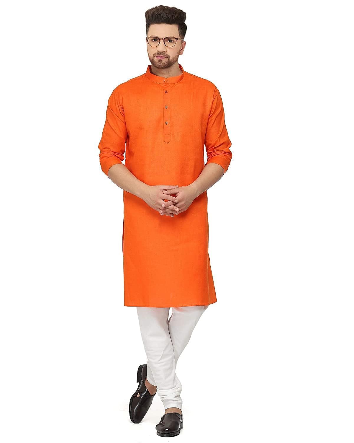 aaryavar Men's Khadie Cotton Relaxed Kurta for Puja Temple Function - Saffron Orange Color-picture-53