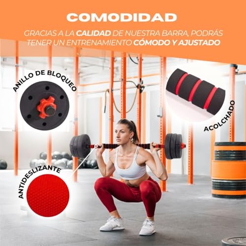 Mobiclinic® , Mancuernas ajustables, 2 en 1, Peso de 2-30 kg, Incluye y barra extensión acolchada, Tuercas antideslizantes, Acero resistente, Gym casa - Imagen 5