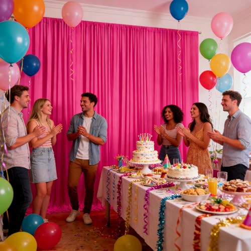 Image of 10ft x 10ft Fuchsia Backdrop Curtains for Parties, Polyester Fabric Backdrop Drapes with Rod Pockets for Weddings, Birthday, Halloween, Photography, Christmas Party Background Curtain, 2 Panels