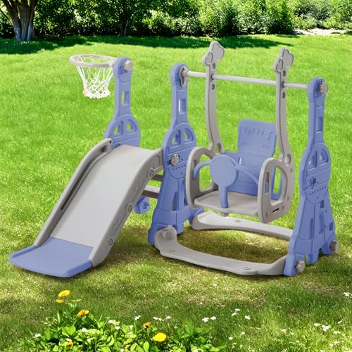 Scivolo per esterni, 4 in 1 per bambini, con altalena, struttura per arrampicata, cestino da basket, parco giochi per interni ed esterni, per bambini (blu, 4 in 1)