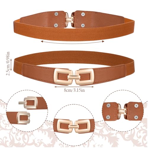 2 Pack Skinny Elastic Waist Belt Gold Metal Buckle Stretchy Thin Belt Retro Stretchy Belts for Women Jeans Dresses2
