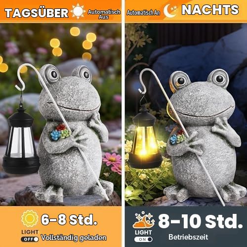 Solar Frosch Gartenfiguren mit Laterne – Frosch Gartendeko Statue Wetterfest Solar Frosch Gartendekoration für Draußen Balkon Terrassen Geschenke für Frauen Männer Mama Geburtstag 20CM