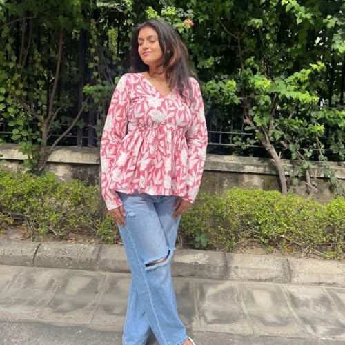Image of Women's Floral Print Reyon Peplum Top - Casual Loose Fit 3 /4 Sleeve Tunic top, Stylish V-Neck Flared Kurti, Comfortable Everyday Wear