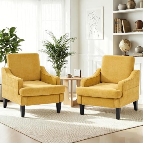 Image of Set of 2 Accent Chair for Living Room,Mid-Century Arm Chair Chenille Fabric Living Room Chairs,Upholstered Reading Chair for Bedroom,Single Sofa Chair with Wood Legs for Apartment (Yellow)