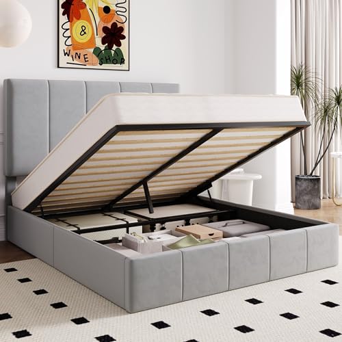 Image of Allewie Full Size Velvet Lift Up Hydrualic Storage Bed Frame, Grey
